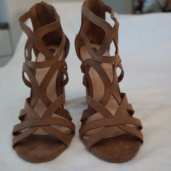 Forever 21 Size 6 Beige Fuax Suede Caged Blocked Heels - Picture 1 of 3